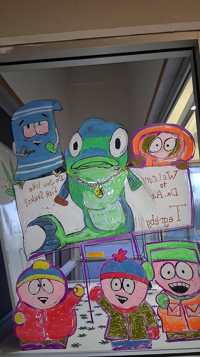 GrDayGurl's tweet photo. @SouthPark Windows art with chalk markers at my job. https://t.co/6IgCHLEsnN