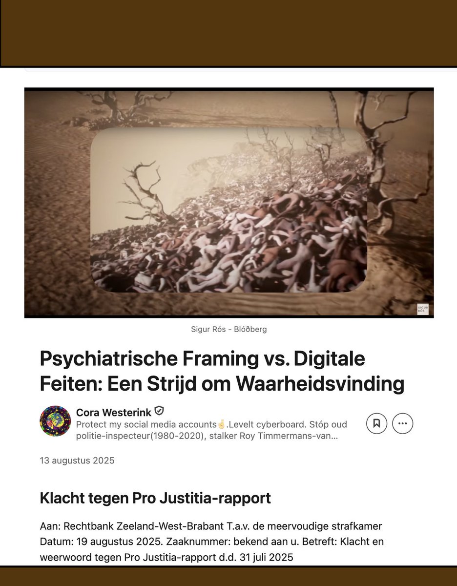 StalkedbyHaters's tweet photo. @X  pls use translate...Core-issue => 2.3 @PRDVFoundation @jordanbpeterson @DrPhil @psychiaters @NoStigmas @NAMICommunicate @DTC_NL @digioverheid @HartvNL 

Klacht tegen Pro Justitia-rapport psychiater
Aan:
Rechtbank Zeeland-West-Brabant
T.a.v. de meervoudige strafkamer
Datum: 13 augustus 2025
Zaaknummer: 02-322509-23
Betreft: Klacht en weerwoord tegen Pro Justitia-rapport d.d. 31 juli van psychiater X

1. Inleiding:
Met deze post dien ik formeel een klacht en weerwoord in tegen het Pro Justitia-rapport van psychiater X. In dit rapport wordt ten onrechte geconcludeerd dat sprake is van een waanstoornis (achtervolgingswaan), terwijl de door mij gemelde feiten aantoonbaar voortkomen uit structurele en gedocumenteerde digitale misdrijven die sinds 2020 met mijn persoonsgegevens, accounts en digitale data worden gepleegd. @Safety 
 
Mijn klachten en trauma’s zijn geen product van een psychotische stoornis, maar het gevolg van langdurige en niet-onderzochte identiteitsfraude, computervredebreuk, sabotage van professionele accounts en digitale stalking. Deze zijn onderbouwd in mijn lopende civiele bodemprocedure tegen de gemeente Tilburg en mijn SV 12-klacht bij het Gerechtshof ’s-Hertogenbosch.

2. Kern van het bezwaar:
2.1 Medische kwalificatie onjuist en stigmatiserend
- De diagnose ‘waanstoornis’ miskent het feit dat mijn meldingen gebaseerd zijn op objectief vast te stellen digitale feiten en forensisch herleidbare sabotage.
- Het rapport negeert expliciete technische aanwijzingen en meldingen bij politie, OM, techbedrijven en buitenlandse opsporingsdiensten.
- PTSS en trauma zijn verklaarbaar vanuit voortdurende digitale aanvallen en doelgerichte karaktermoordcampagnes — geen ‘betrekkingswaan’.
 
2.2 Onvoldoende hoor- en wederhoor:
- Ik ben niet in staat gesteld om het concept-rapport in te zien en inhoudelijk te corrigeren voordat het definitief werd uitgebracht.
- Relevante tegenbewijzen en mijn civiele stukken zijn niet betrokken bij de diagnostiek.
 
2.3 Schending professionele zorgvuldigheid:
 - Door medische pathologisering zónder forensisch-technisch onderzoek is het rapport strijdig met de vereisten van objectiviteit en volledigheid zoals bedoeld in het Landelijk Forensisch Psychiatrisch Kader.
- Er is geen onafhankelijk digitaal forensisch onderzoek verricht, terwijl de kern van de klachten daar direct om vraagt.

3. Relevante procedurele context:
- Lopende bodemprocedure tegen de gemeente Tilburg (dagvaarding via deurwaarder 27 augustus 2025) met als kernvordering: onafhankelijk digitaal forensisch onderzoek.
- Meervoudige SV 12-klacht waarin het Gerechtshof wordt verzocht het OM alsnog te gelasten tot opsporingsonderzoek.
- Documentatie van digitale aanvallen, internationale meldingen en blokkades van geverifieerde accounts.

4. Feitelijke onjuistheden in het rapport:
- "Geïsoleerd leven": feitelijk onjuist. Ik ben redactielid van een lokaal blad, vanaf september mede-organisator van Alpha-cursussen, en actief in Stichting Starwink-projecten.
- "Recidiverisico hoog": gebaseerd op foutieve diagnose, zonder erkenning van digitale misdrijven.
- Geen benoeming van digitale feiten: sabotage sinds 2020 volledig buiten beschouwing gelaten.

5. Verzoeken aan de rechtbank:
1. Dit Pro Justitia-rapport niet als bewijsmiddel te gebruiken, althans te laten herzien door een onafhankelijke psychiater en digitale forensisch expert.
2. Vast te stellen dat psychiatrische duiding zonder forensisch-technisch onderzoek onvoldoende is.
3. Te gelasten dat de digitale misdrijven onderwerp worden van onafhankelijk opsporingsonderzoek.

6. Slot:
De kern van deze klacht is dat het rapport van X mij onterecht psychiatriseert en het zicht op de werkelijke oorzaak — structurele digitale criminaliteit — belemmert. Dit is schadelijk voor mijn rechtspositie, gezondheid en de waarheidsvinding.
 
Hoogachtend,
 
C.W. (Cora) Westerink
Energieplein 18, 5041 NH Tilburg
Alumna Tilburg University | Stichting Starwink | Burgerjournalist

Bijlagen:
1. Bijlage 1 – Civiele Bodemprocedure tegen Gemeente Tilburg
2. Bijlage 2 – SV 12-klachten Gerechtshof ’s-Hertogenbosch
3. Bijlage 3 – Gedocumenteerde digitale sabotage
4. Bijlage 4 – Internationale meldingen en verzoeken aan techbedrijven
5. Bijlage 5 – Incident oktober 2021: onrechtmatig bezit Apple-apparatuur
6. Bijlage 6 – Publicaties en professionele activiteiten
7. Bijlage 7 – Relevante correspondentie met gemeente Tilburg
8. Bijlage 8 – Schadeoverzicht
9. Bijlage 9 – Onderzoeks- en deskundigenrapporten

@rutgerbregman  @gerardekdom @adamcurry @gerardjoling @TijsvandenBrink @andriesgknevel @JanStruijs @SchoutenLegal @rb_limburg @Spoorzone013 @sybrandbuma @emileroemer @RPlasterk @PolitieTHTC @mariannezw @MinOCW @De_NieuweWereld @jeadvocaat @Cultuurfilosoof de psychiater adviseert klinische opname. Mijn voorkeur gaat uit naar:
1. Digitaal forensisch onderzoek
2. Bestuurlijke hervorming in Tilburg
3. Als 1 en 2 niet worden ingezet, wil ik een euthanasie-traject dat zorgvuldig wordt gedocumenteerd voor het NIFP en @ministerieJenV  @strafrechtketen  . @Euthanasiecomm @RaadvoorCultuur 

@torfsrik @MarcBrinkBD @vanranstmarc  @wol @WNLVandaag @WNLOpZondag @oogopmorgen @geenstijl @TOPGGz @Wetgevingstraf @Rabobank @nvj @lale_gul89 Lale... Dank dat je bestaat. Heel veel sterkte, vanuit de grond van mijn hart:  @SpeechUnion “Disagreement is not oppression. Argument is not assault. Words – even provocative or repugnant ones – are not violence. The answer to speech we do not like is more speech.” @DouglasKMurray The Madness of Crowds: Gender, Race and Identity