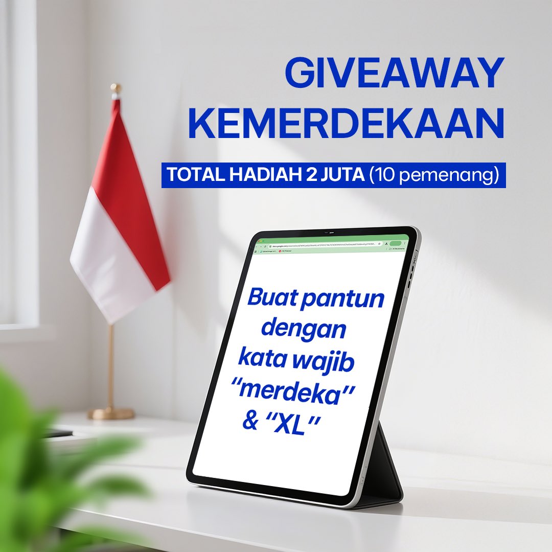 📢 GIVEAWAY ALERT! 📢
Total hadiah 2 JUTA untuk 10 pemenang! 🥳

Buat pantun dengan kata wajib "merdeka" &amp; "XL"
Reply jawaban kamu di bawah + pakai hashtag WeAreMore

Jangan lupa follow, like, dan repost tweet ini ya.
Periode: 14–21 Agustus 2025 📅