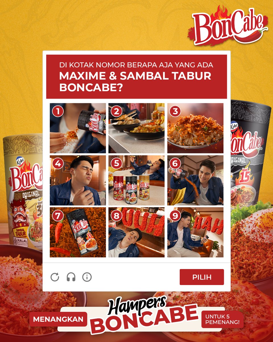 Ada di kotak berapa aja Maxime &amp; Sambal Tabur BonCabe? 🤓

Tulis jawabanmu di kolom komentar karena MinBon punya hadiah hampers BonCabe buat 5 pemenang!

Cara ikutannya:
1. Wajib follow akun @boncabe
2. Like postingan ini &amp; 5 postingan @boncabe

cek tweet selanjutnya 👇👇