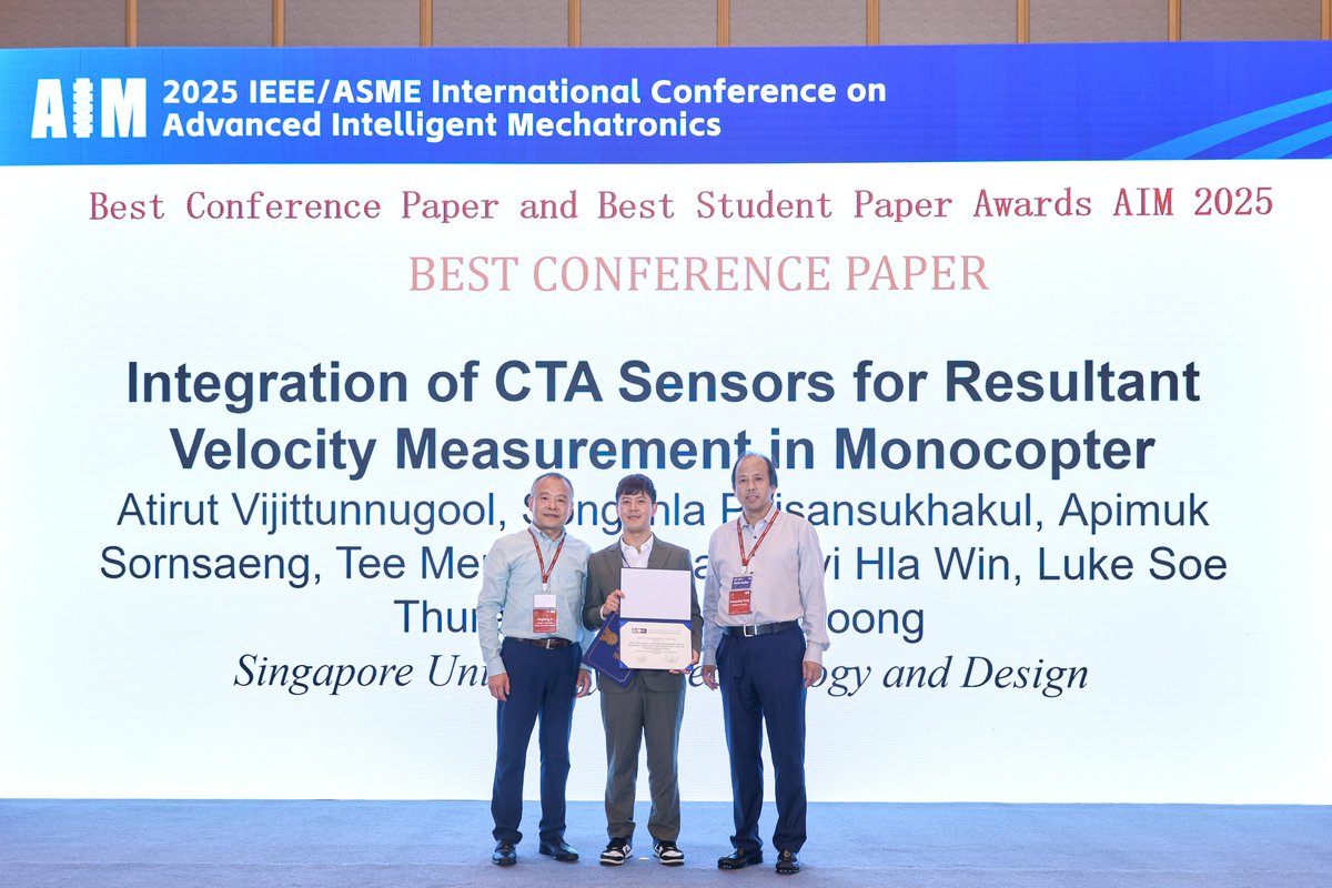 sutdsg's tweet image. 🎉 Double honours for SUTD at AIM2025, the IEEE/ASME International Conference on Advanced Intelligent Mechatronics held in Hangzhou, China!
🏆 Best Conference Paper Winner
🥈 Best Student Paper Finalist
🔗 More info:
aim2025.org
#SUTDLeap #SUTDDesignAI #AIM2025