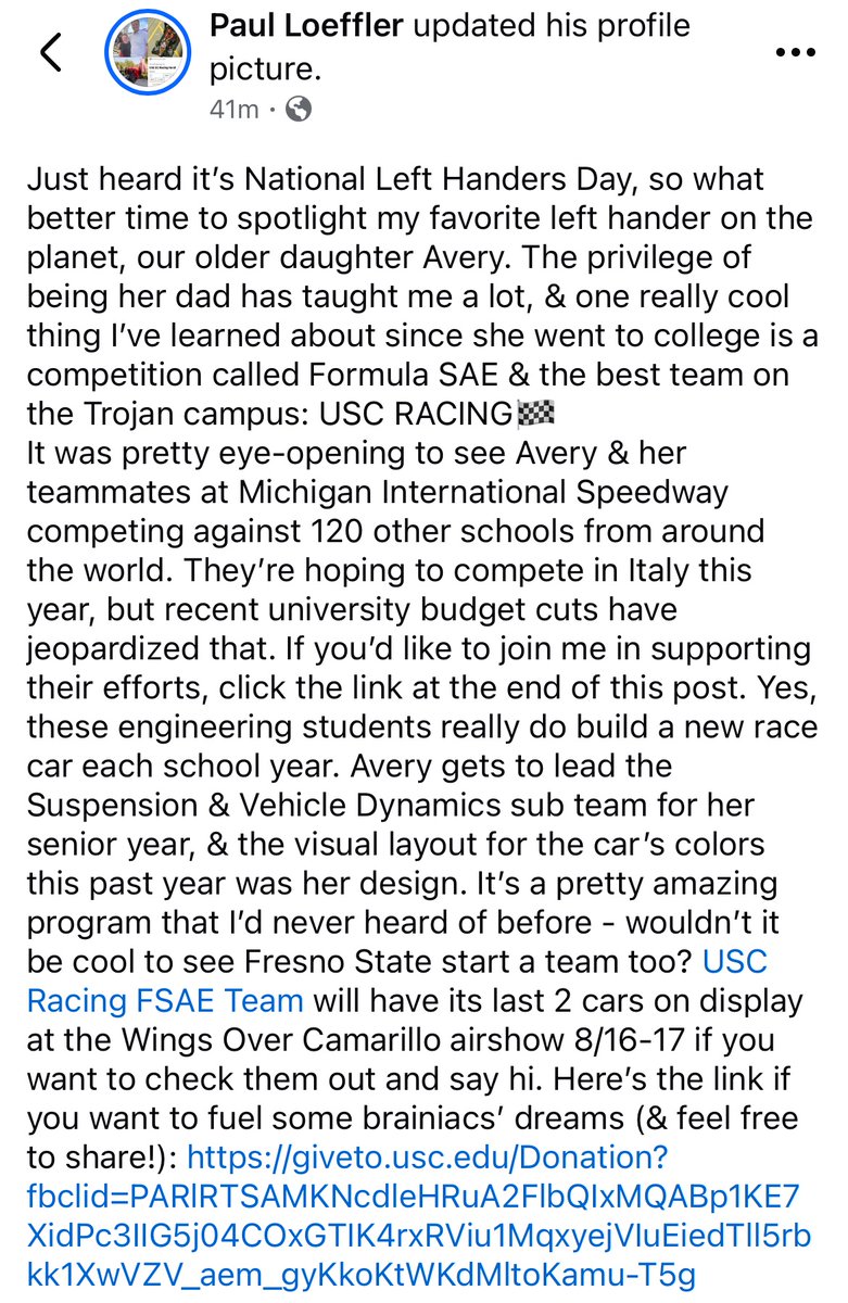 P356Loeffler's tweet image. I’ve called 🏈🏀⚾️ games in the “Land of Troy,” but the coolest team on campus is @USCRacing  🏁Join me in fueling some big dreams for our daughter Avery &amp;amp; her teammates✌️giveto.usc.edu/Donation?fbcli…