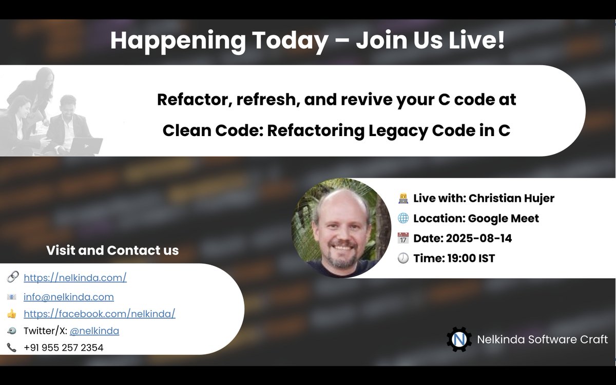 nelkinda's tweet image. 🎯 Today’s the day! 
Refactor legacy C code with @christianhujer @nelkinda 
🚨 The Google Meet link is live on the meetup page
 
📅 14 Aug | 7 PM IST
🔗 meetup.com/meetup-group-n…
Or 
🔗 triffuns.com/events/1916e92…
#CleanCode #CProgramming #Refactoring