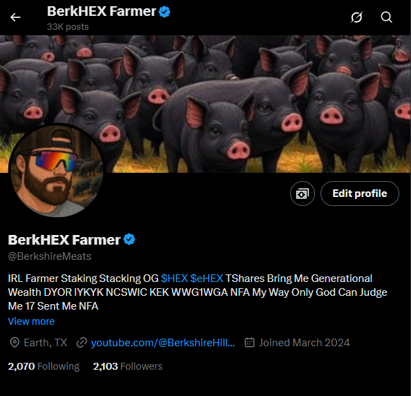 🚨🚨🚨🚨🚨🚨🚨🚨🚨🚨🚨🚨🚨🚨🚨🚨🚨🚨🚨🚨🚨🚨

Rebrand Announcement

Berkshire Hill Farm And Homestead
Seemed To Be Too Long Of A Title For Some To Pronounce

This Page Was Originally For My Farm/Homestead
Until I Started Farming $HEX 

I'm A Farmer Of Both Now
Berkshire Hogs And