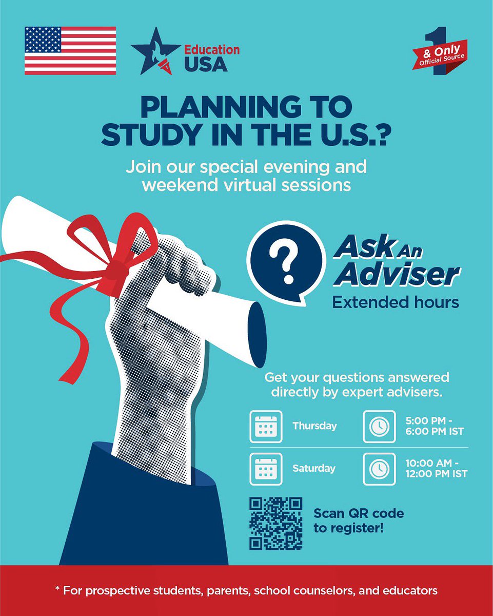 EdUSA_India's tweet photo. Dreaming of studying in the United.States? Get expert guidance LIVE — from the comfort of your home!  

Can’t attend during office or school hours? Join our free, virtual Ask an Adviser Extended Hours Sessions. This is your perfect opportunity to join an evening session on Thursday or a morning session on Saturday! 

Hosted by EducationUSA - the official source on U.S. higher education- these interactive sessions walk you through the admissions process and give you the chance to ask your questions in real time from EducationUSA advisers.

Session Schedule:
Thursdays | 5 PM - 6 PM IST & Saturdays | 10 AM - 12 PM IST – Ask an Adviser (Live Q&A)
Who can attend? Prospective undergraduate and graduate students, parents, school counselors, and educators looking for accurate, reliable, and up-to-date information on studying in America.

Free of cost | Virtual sessions | Join from anywhere!

Prior registration required! Join us LIVE by clicking the link in bio! 

Take the first step toward your U.S. education journey with guidance from the most trusted source—EducationUSA! 

#EducationUSAIndia #EducationUSA #StudyInUSA #EdUSAAdviser #AskAnAdviser #StudyWithUS