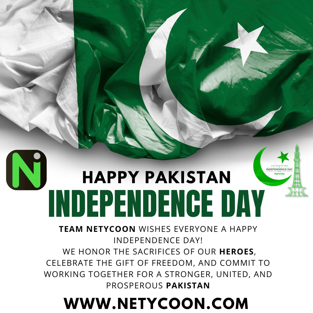 netycoon's tweet image. 🇵🇰 Happy Independence Day from Netycoon! 🎉
On this special day of freedom, we celebrate the spirit of Pakistan and the dreams that unite us.
✨ Azadi Offer – 40% OFF on all websites, hosting, and digital services!
freedom prices!
#PakistanZindabad #AzadiOffer #Netycoon