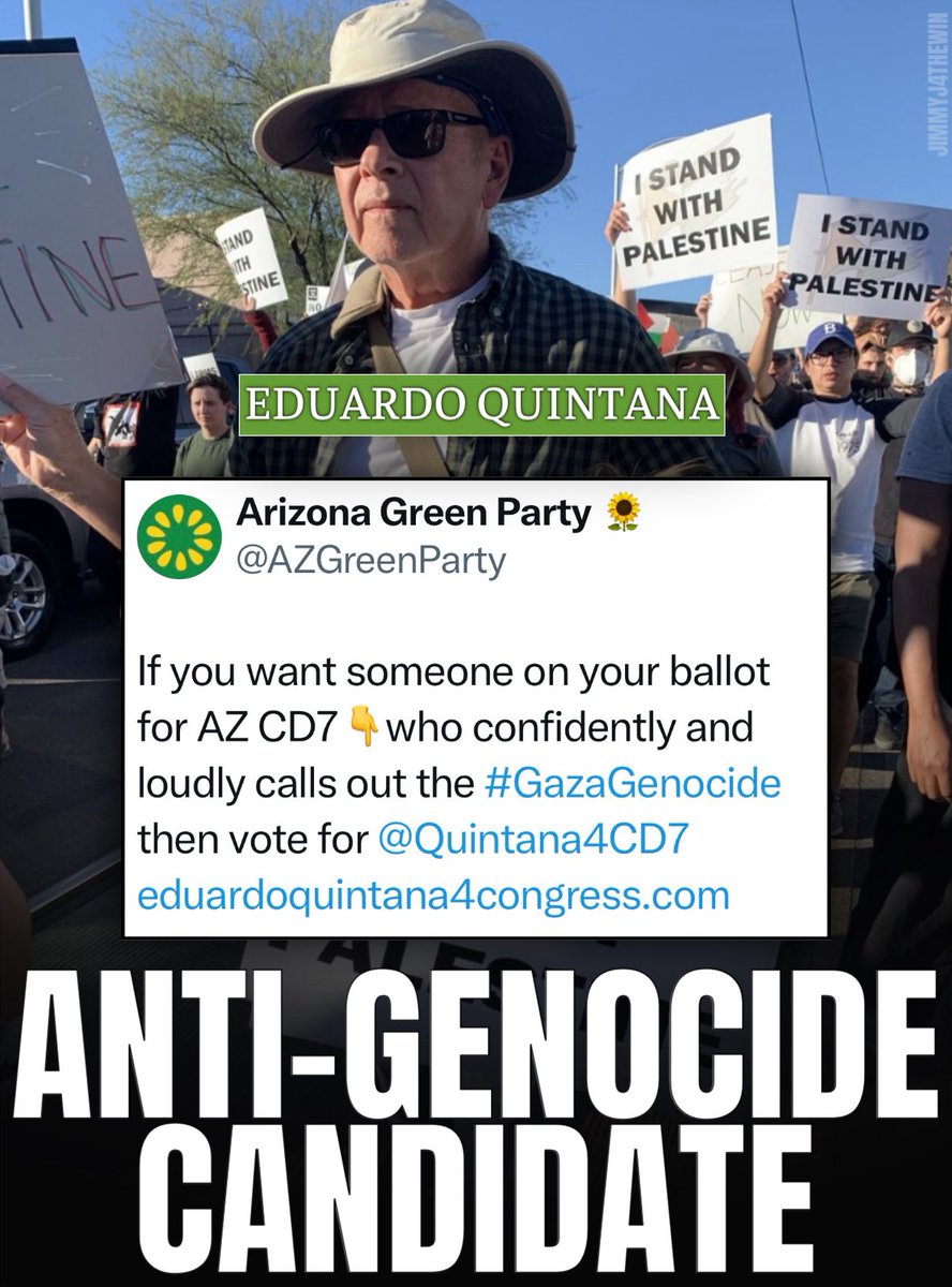 Green Congressional Campaign Committee (@greenparty_gccc) on Twitter photo From day one, <a href="/Quintana4CD7/">Eduardo Quintana for Congress</a> has stood against the genocide in Gaza. No lobbyist pressure, no silence; just courage and truth. 👏👏 From day one, <a href="/Quintana4CD7/">Eduardo Quintana for Congress</a> has stood against the genocide in Gaza. No lobbyist pressure, no silence; just courage and truth. 👏👏