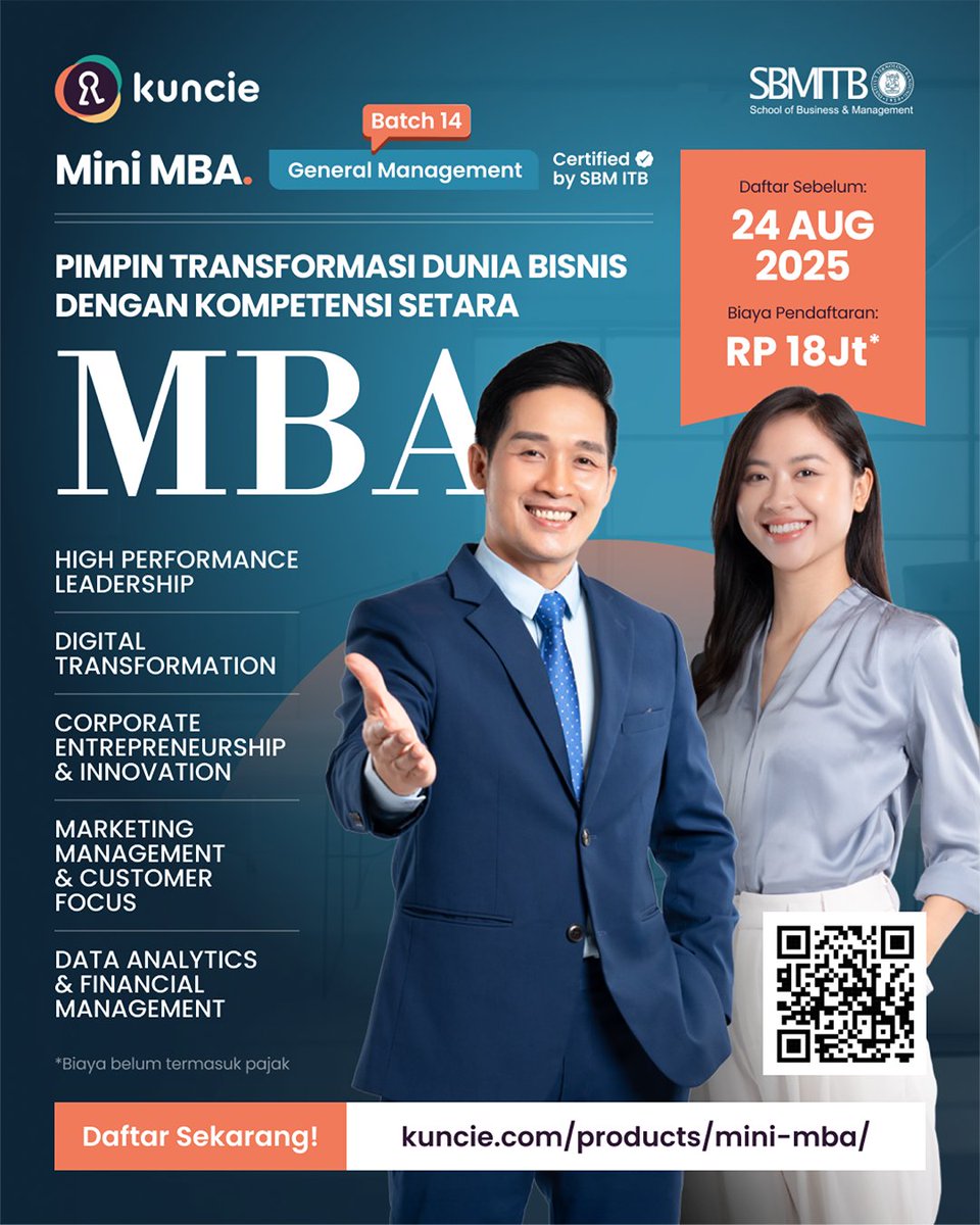 kuncie_id's tweet image. Kamu juga bisa merasakan manfaatnya dengan menjadi bagian dari peserta batch 14. Oh iya, ada diskon 500 ribu untuk 10 orang pertama yang daftar, jangan sampai ketinggalan, ya! 🙌🏻🥳

kuncie.com/products/mini-…

#Kuncie #SBMITB #MiniMBA #MiniMBABatch14 #KunciexSBMITB