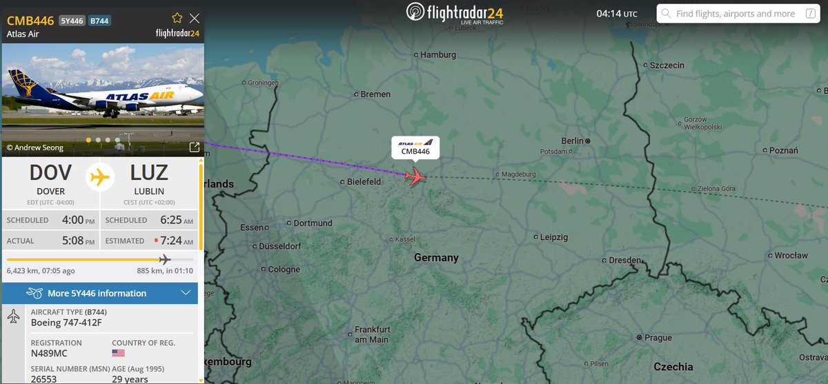 PolishMilRadar's tweet photo. 📅14.08⌚️06:17LT

🇺🇸Atlas Air (lot na zlecenie USTRANSCOM)
✈️Boeing 747-412F #N489MC
#CMB446 na wysokości FL370
🛫Baza Dover #KDOV🇺🇸
🛬Lublin #EPRZ🇵🇱
🔗https://t.co/6QOvsiToiG

#POLMILRADAR https://t.co/VvpzUqGhZi