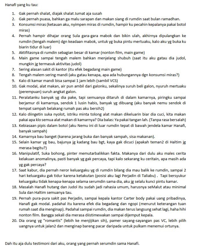 Testimoni temen yg pernah tinggal bareng tsk (confirming beberapa part yg janggal like sholat jumat????? Naur dia gapernah sholat.