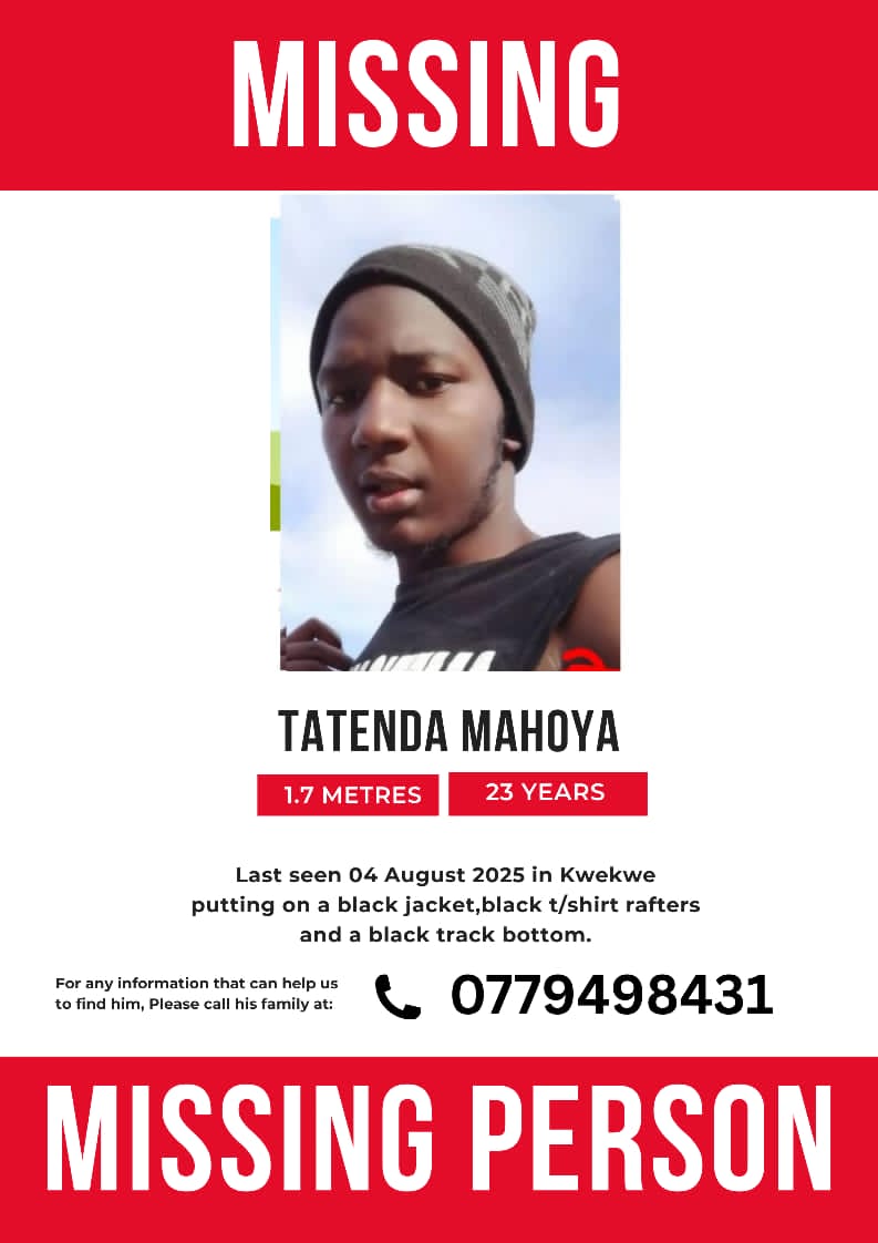 MissingPersonsZ's tweet photo. #Misssing from Mbizo, Kwekwe is Tatenda Tadiwa Mahoya (23).

Last seen wearing all black jacket, T-shirt and track bottom. 

Contact 
0778478431
0773043768
0775595376

@wedze4 
@PoliceZimbabwe 
@TendayiPeter https://t.co/4xWCZG9EnT