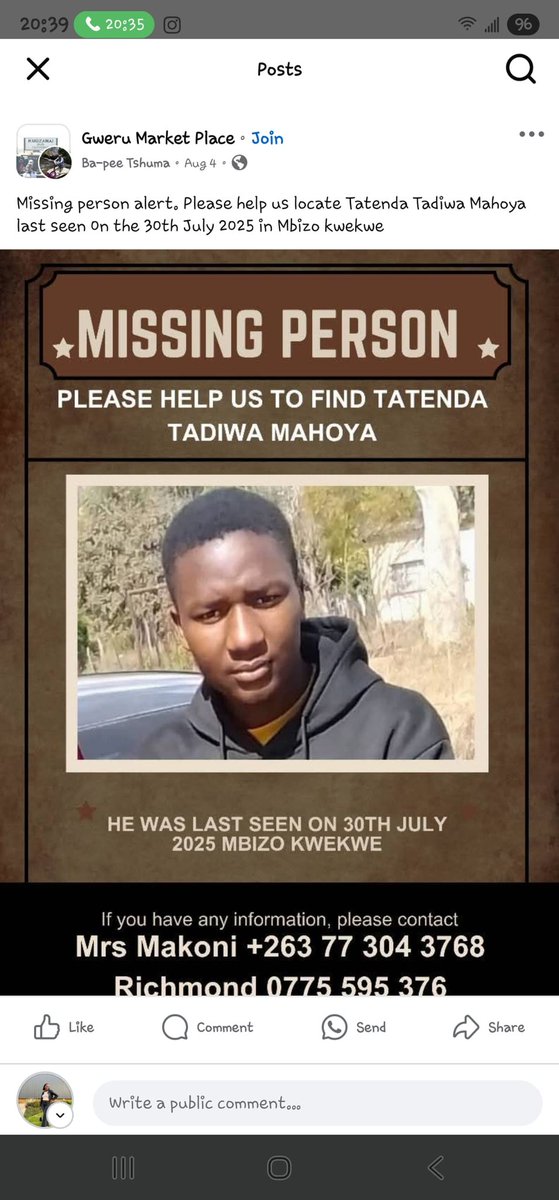MissingPersonsZ's tweet photo. #Misssing from Mbizo, Kwekwe is Tatenda Tadiwa Mahoya (23).

Last seen wearing all black jacket, T-shirt and track bottom. 

Contact 
0778478431
0773043768
0775595376

@wedze4 
@PoliceZimbabwe 
@TendayiPeter https://t.co/4xWCZG9EnT