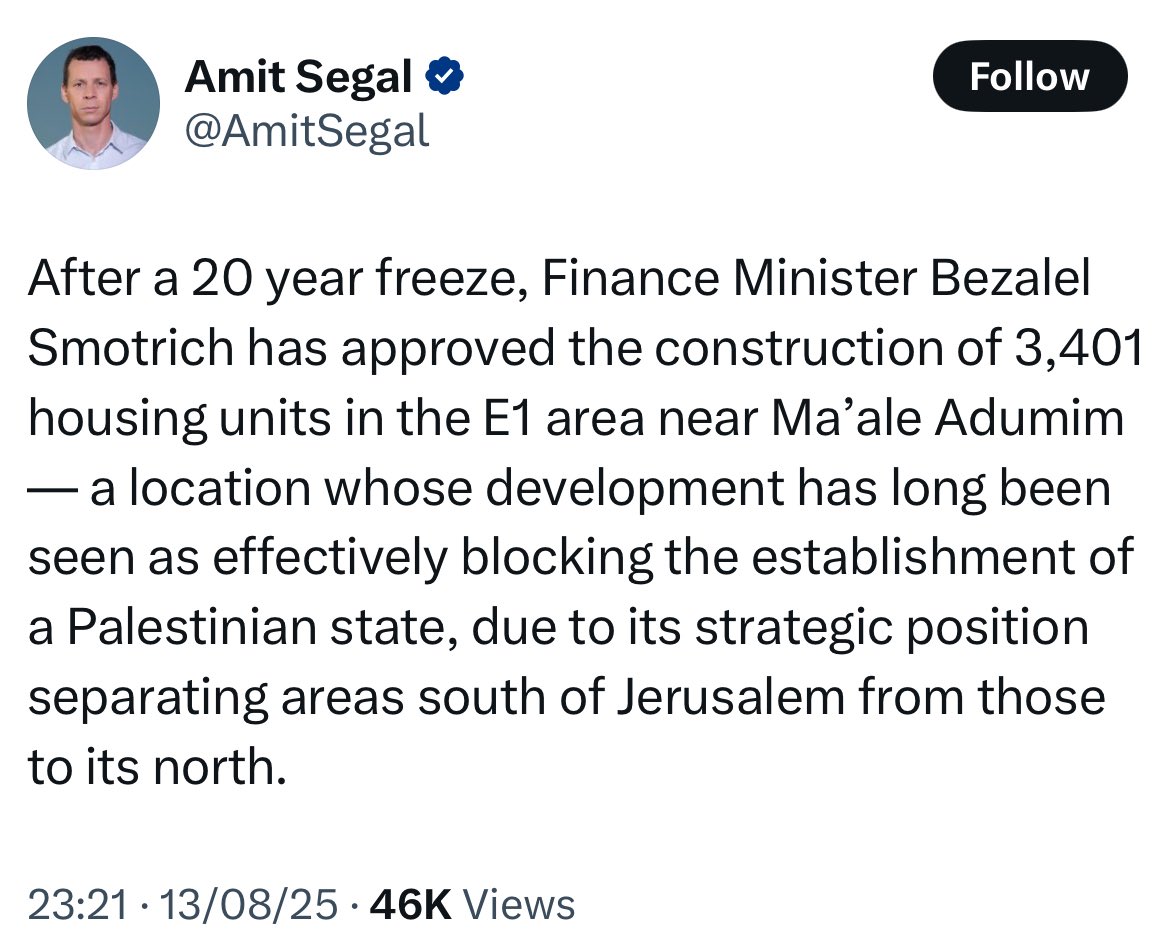 Every country that refuses to recognize Palestine is an accomplice to the war crimes of Bezalel Smotrich and this criminal government. 

Yet, recognition isn’t enough. 

Hit them with sanctions now.