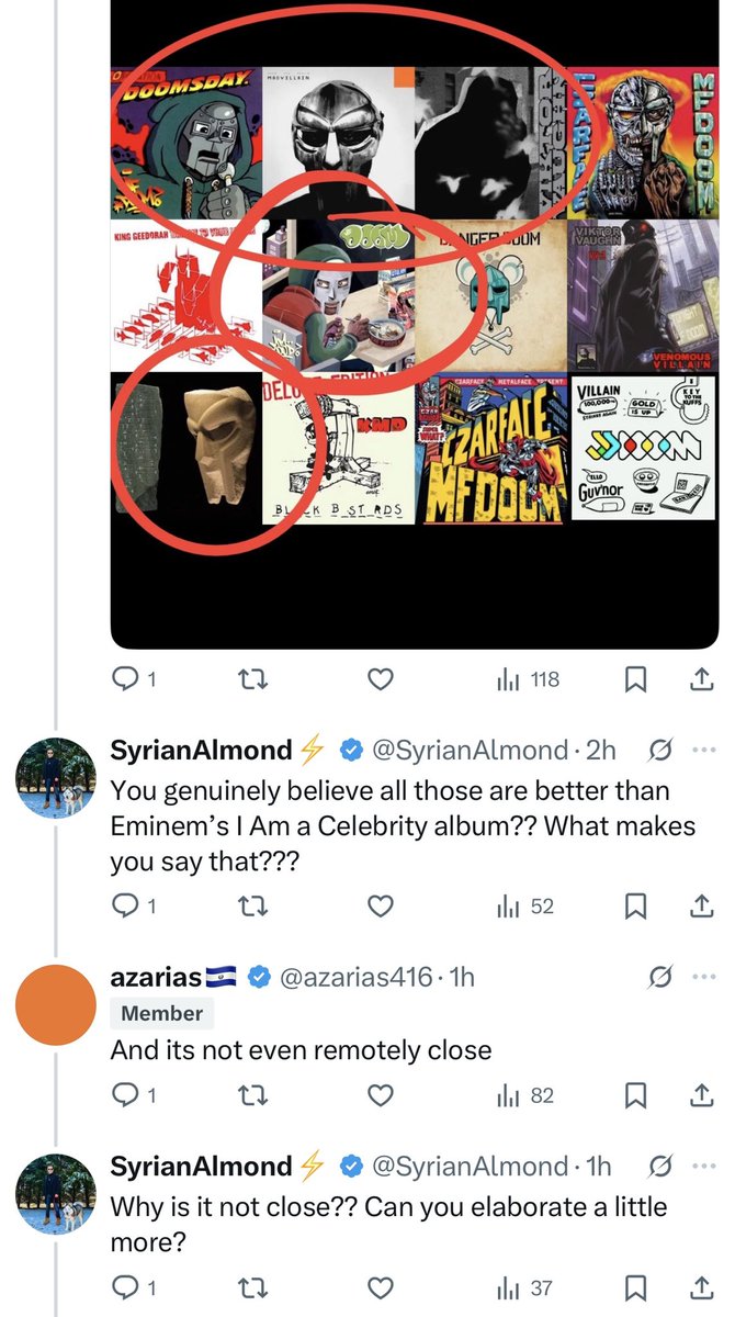 SyrianAlmond's tweet photo. So apparently an MF DOOM project is better than a fake Eminem album that never existed called “I Am a Celebrity”. We got another one ladies and gentleman… Going into details on why a nonexistent Eminem project isn’t at a good caliber is crazy. 😂💀 https://t.co/VJWxvWVULB