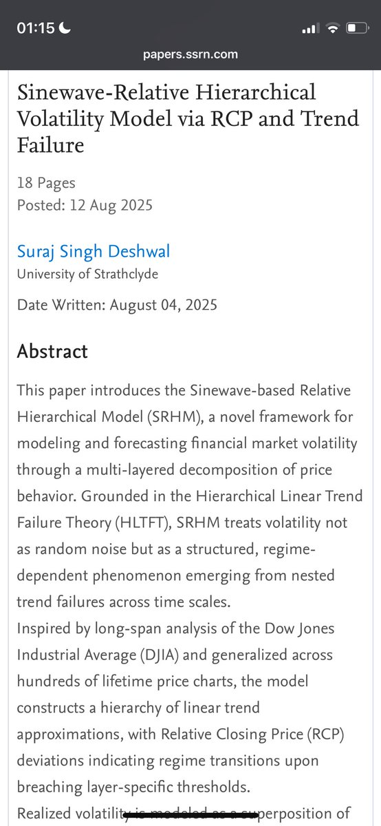 Ri_Ts_Mone's tweet photo. Excited to introduce this new paper by Suraj (X: @SRJD1895), a quant researcher and early contributor to CorrAI: "Sinewave-Relative Hierarchical Volatility Model via RCP and Trend Failure."
It presents #SRHM, a novel framework for modeling financial #volatility as structured regime-dependent trends, using hierarchical decompositions, sinewaves, and wavelet corrections. Perfect for #QuantTrading & #RiskManagement!
Shared by Suraj himself. Check it out: https://t.co/RsvoSBAnM6
#QuantFinance #Volatility #CryptoQuant