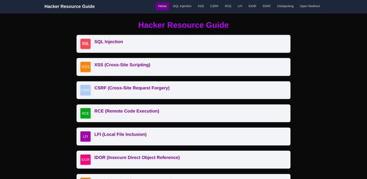 ӉѦСҠіИԌ ҬЄѦӍ (@hackingteam777) on Twitter photo ↳ Bug Bounty Resource Guide
Topics
• SQL Injection
…cking-resources-guide-2025.vercel.app/sql-injection
• XSS (Cross-Site Scripting)
…cking-resources-guide-2025.vercel.app/xss
• CSRF (Cross-Site Request Forgery)
…cking-resources-guide-2025.vercel.app/csrf
• RCE (Remote Code Execution)
…cking-resources-guide-2025.vercel.app/rce
• LFI (Local File ↳ Bug Bounty Resource Guide
Topics
• SQL Injection
…cking-resources-guide-2025.vercel.app/sql-injection
• XSS (Cross-Site Scripting)
…cking-resources-guide-2025.vercel.app/xss
• CSRF (Cross-Site Request Forgery)
…cking-resources-guide-2025.vercel.app/csrf
• RCE (Remote Code Execution)
…cking-resources-guide-2025.vercel.app/rce
• LFI (Local File