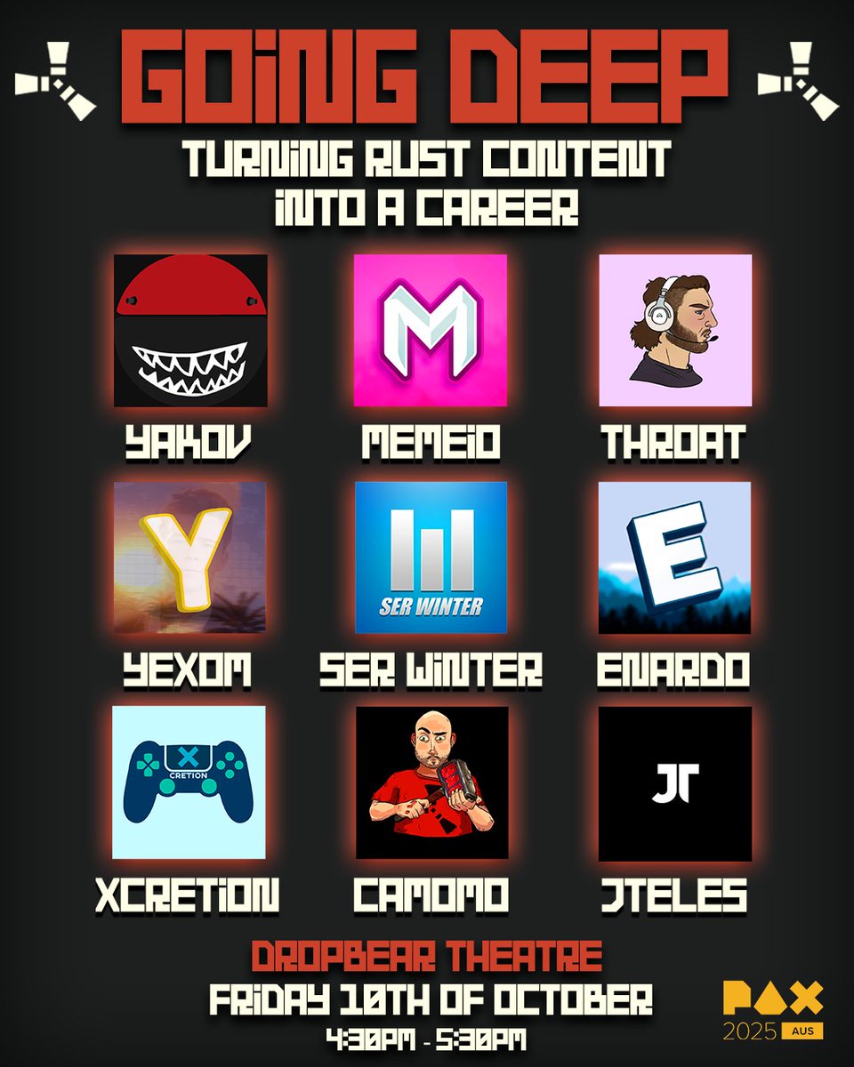 Yexom (@yexom_) on Twitter photo Come see me and 7 other big beautiful men (plus Memeio) talk about Rust for an hour at PAX!
<a href="/PAXAus/">PAX Australia</a>
#PAXAus Come see me and 7 other big beautiful men (plus Memeio) talk about Rust for an hour at PAX!
<a href="/PAXAus/">PAX Australia</a>
#PAXAus