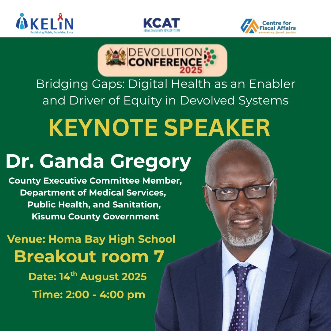 How is digital health enabling and driving equity in <a href="/KisumuCountyKE/">Kisumu County</a>? Join Dr. Gregory Ganda, CECM for Health, for his keynote today at the <a href="/KELINKenya/">KELIN</a>  &amp; K-CAT side event during the Devolution Conference 2025 from 2–4pm, Breakout Room 7, Homa Bay High School.

<a href="/KisumuOf/">Kisumu County Department of Health & Sanitation</a>