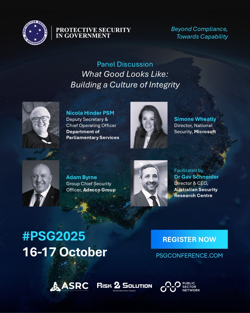 psgconference's tweet photo. At #PSGConference2025, join Nicola Hinder PSM, Simone Wheatley &amp; Adam Byrne – facilitated by Dr. Gav Schneider – for a powerful panel on building a culture of integrity, trust &amp; leadership in security.

🎟️ Register: https://t.co/aku0ZYzsH8

#ProtectiveSecurity #Leadership #AUKUS https://t.co/CALBsr57pw