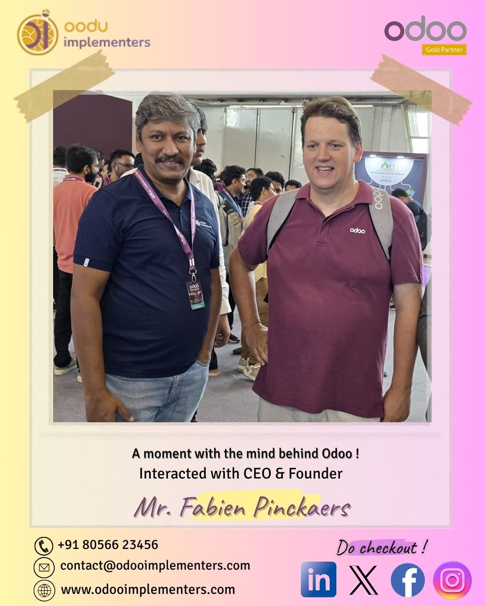 Oodu6's tweet photo. 🌟 Honored to interact with Mr. Fabien Pinckaers, CEO &amp; Founder of Odoo, at Odoo Community Days India 2025!

Proud to be an Odoo Gold Partner helping businesses grow with tailored ERP solutions.

#Odoo #ERP #OdooGoldPartner #BusinessGrowth #OoduImplementers https://t.co/e1VHyjVxMg