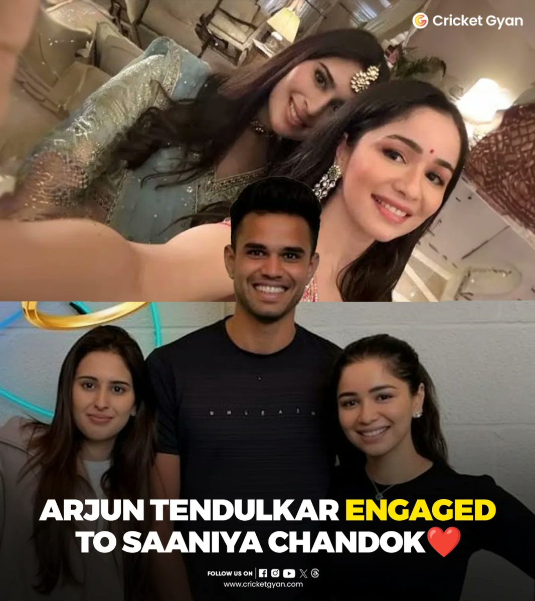 cric_analyst46's tweet photo. Sachin Tendulkar’s son Arjun Tendulkar gets engaged to business tycoon Ravi Ghai’s granddaughter Saaniya Chandok.💍❤️

#ArjunTendulkar #SaaniyaChandok
#SaraTendulkar #SachinTendulkar https://t.co/A2n6IY36vo https://t.co/nWJrVTuvcd