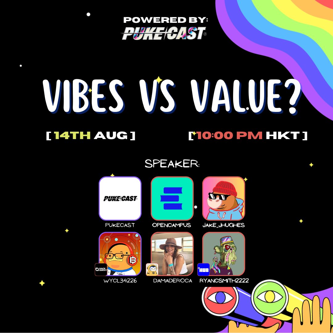 Pukecast (@pukecast) on Twitter photo Vibes Vs Value?
It's time to chat with <a href="/jake_jhughes/">Jake Hughes🍊</a> <a href="/wycl34226/">Wycliffe Osano</a> <a href="/damaderoca/">Anjali🤝Collab.Land</a> & <a href="/ryancsmith2222/">ryancsmith.eth 🦍</a> on the challenges of fostering both!
🗓️ 14th Aug
⏲️ 10:00pm HKT / 10:00am EST
✅ Set reminder 👇 Vibes Vs Value?
It's time to chat with <a href="/jake_jhughes/">Jake Hughes🍊</a> <a href="/wycl34226/">Wycliffe Osano</a> <a href="/damaderoca/">Anjali🤝Collab.Land</a> & <a href="/ryancsmith2222/">ryancsmith.eth 🦍</a> on the challenges of fostering both!
🗓️ 14th Aug
⏲️ 10:00pm HKT / 10:00am EST
✅ Set reminder 👇