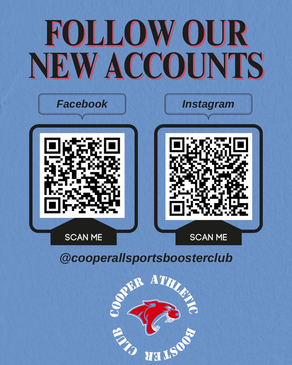 🚨 We’re starting fresh! 🚨
Follow our NEW Facebook &amp; Instagram accounts to stay updated on all things Cooper Athletics 🐾📣

📲 Just scan the QR codes above or search @cooperallsportsboosterclub and hit that follow button!