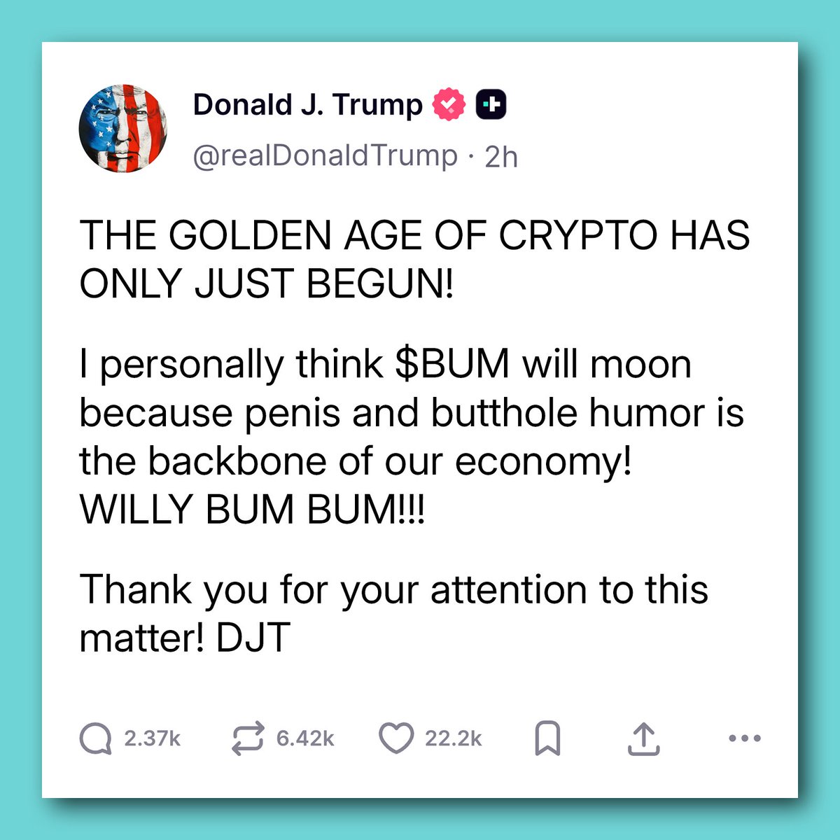 It's all about manifestation, folks.
<a href="/realDonaldTrump/">Donald J. Trump</a> $BUM