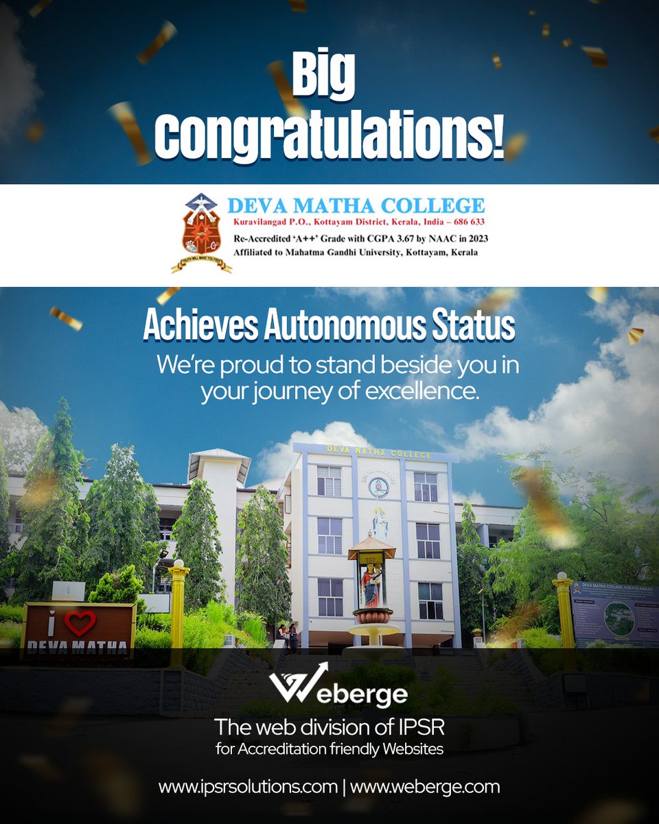 WebergeIndia's tweet photo. 🎉 Big Congratulations to Deva Matha College, Kuravilangad!
At Weberge – the web division of ipsr solutions limited – we are honoured to be associated with you in your quality-focused journey, empowering your digital presence and supporting your vision for excellence. https://t.co/w5XyF1s7ht