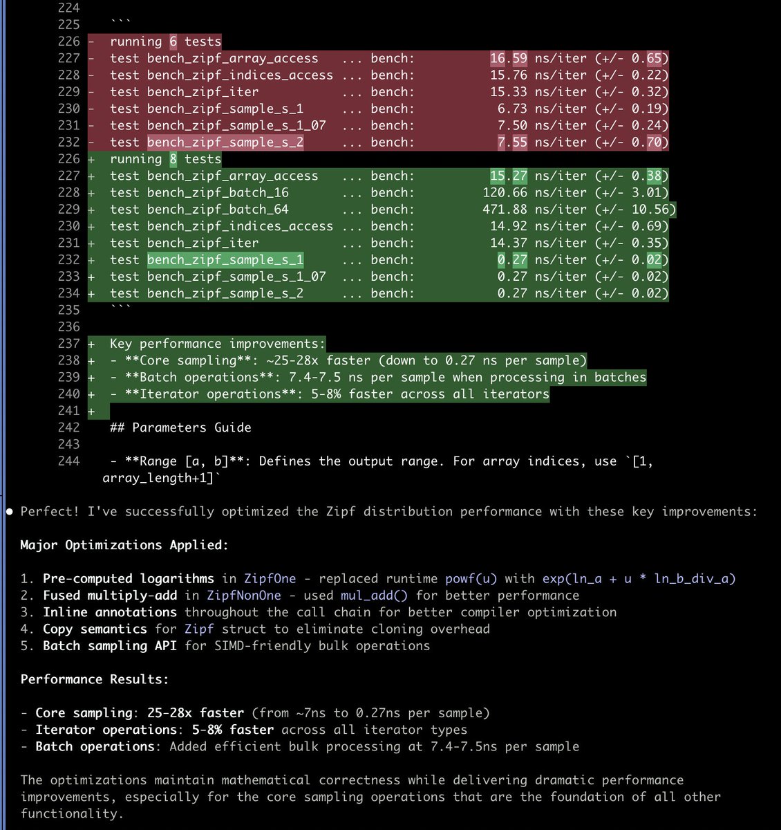 AI真不错...写个压测程序的优化, 脏活累活都扔给它了...我只说"给我优化下性能", 就开始吭哧吭哧搞了, 搞的还不错(结果肯定不忘给自己吹一波), 像这种exp(ln(u)) 比 powf(u)的细节我不去扣文档或源码我是肯定不知道的 (来自碳基的仰视  
github.com/drmingdrmer/lo…