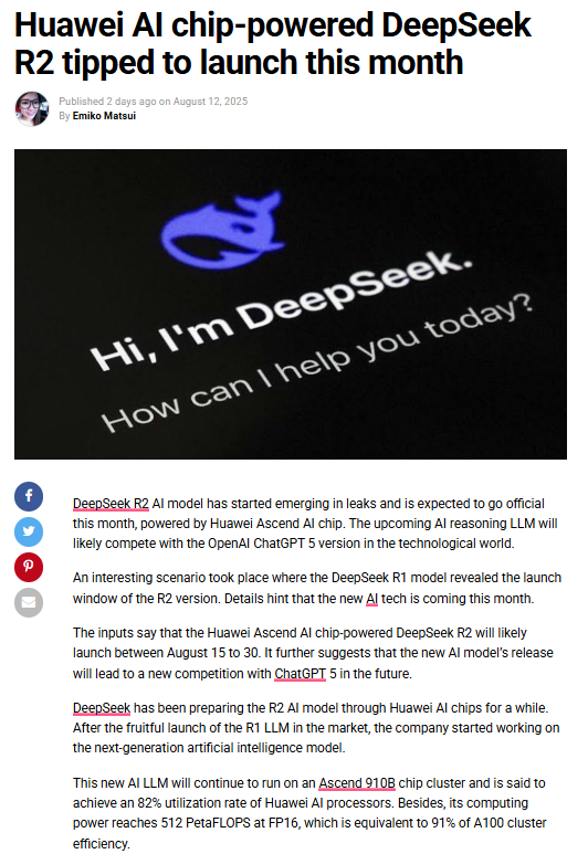 WesRoth's tweet photo. DeepSeek R2, Huawei’s next-gen AI model, is rumored to launch between August 15–30 and run on Ascend 910B chips. It’s positioned as a high-efficiency GPT-5 rival with impressive specs:

🔹512 PFLOPS at FP16, ~91% of A100-class performance
🔹82% chip utilization rate, showing strong hardware-software synergy
🔹Estimated 97% cost efficiency compared to A100 clusters
🔹Uses a hybrid Mixture of Experts with ~1.2T total params and ~78B active per token
🔹Routes only a few experts per step to optimize compute and throughput
🔹Built on a rumored self-developed distributed training stack