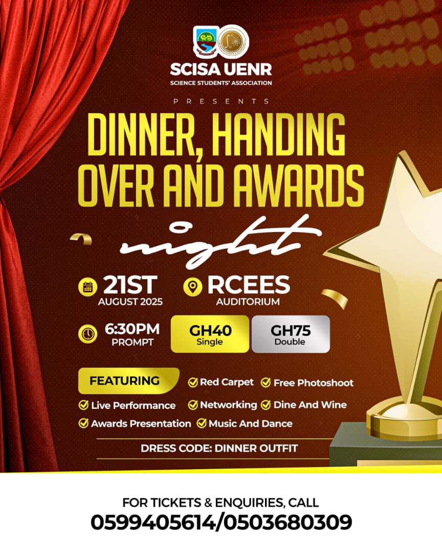 THE EPIC NIGHT IS HERE 🔥🎉🎉

 SCISA DINNER AND AWARDS NIGHT. 🥂🍾

 HAPPENING LIVE AND COLOURED💃🏾🍾🥂🕺🏽

 TICKETS ARE AS LOW AS 40 CEDIS AND DOUBLE IS 75 CEDIS. YOU CAN'T MISS THE FUN. 

 Get your tickets now 

 Don't miss it. 🎉🎉🎉

#scisauenr