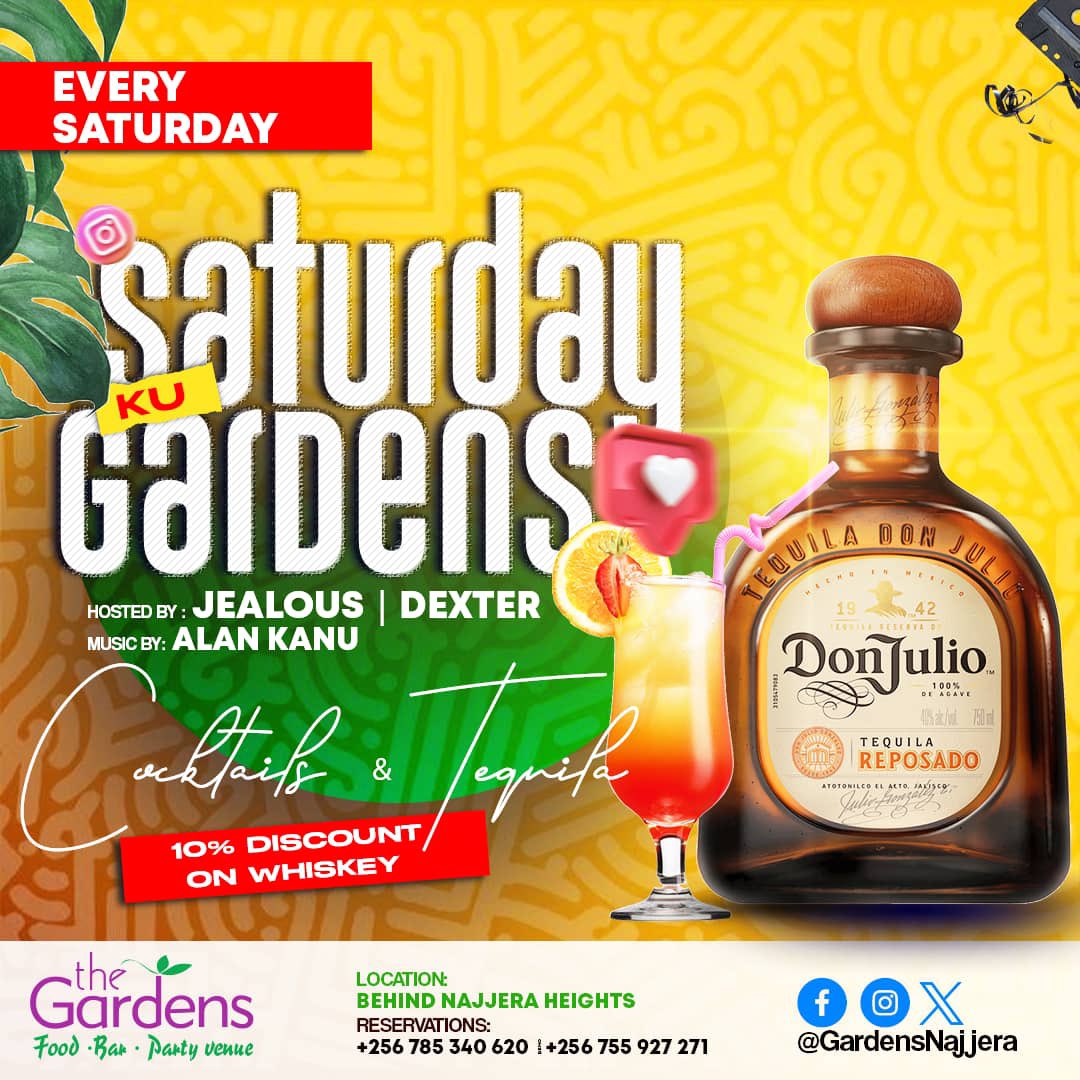 Mwecghur🌼 (@destyne_ee) on Twitter photo Spend your Saturday with us at <a href="/GardensNajjera/">The Gardens - Najjera</a>
Enjoy cocktails, tequila, and great music all night.
Hosted by <a href="/JealousDeejay/">Mr_Jealous_Clean</a> & <a href="/dexterdj__Ug/">🅼🅰🅸🅽🅴🆂🆃☆</a>
Music by Alan Kanu
Get 10% off whiskey
📍 Behind Najjera Heights
📞 +256 785 340 620 | +256 755 927 271 Spend your Saturday with us at <a href="/GardensNajjera/">The Gardens - Najjera</a>
Enjoy cocktails, tequila, and great music all night.
Hosted by <a href="/JealousDeejay/">Mr_Jealous_Clean</a> & <a href="/dexterdj__Ug/">🅼🅰🅸🅽🅴🆂🆃☆</a>
Music by Alan Kanu
Get 10% off whiskey
📍 Behind Najjera Heights
📞 +256 785 340 620 | +256 755 927 271