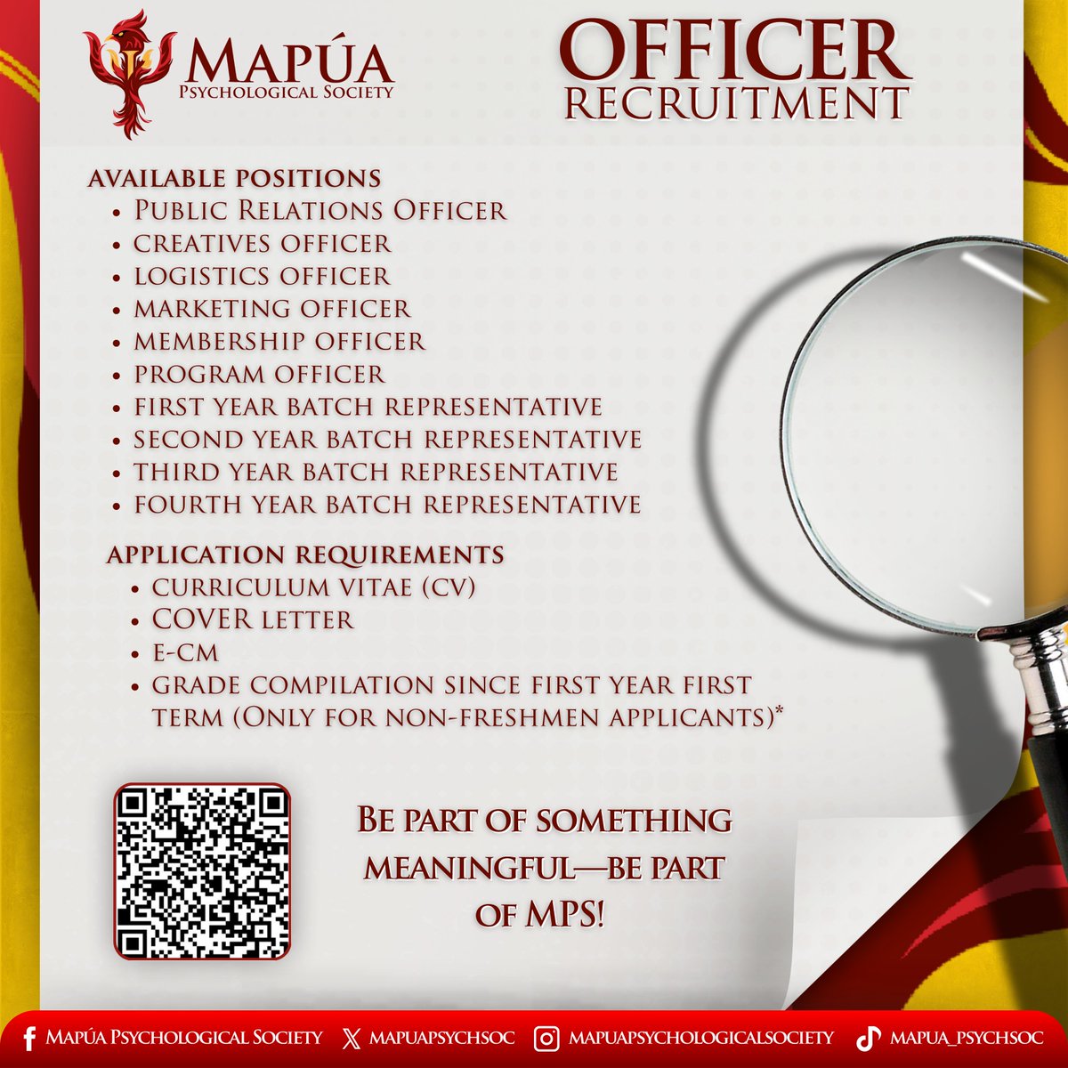 mapuapsychsoc's tweet photo. We’re looking for passionate and driven leaders to join our officer team for A.Y. ’25–’26. Step up, take charge, and help shape the future of the Mapúa Psychological Society!

📌 To register, scan the QR code or click on this link: https://t.co/UeSq2uOxFh https://t.co/nBILtdU7Rc