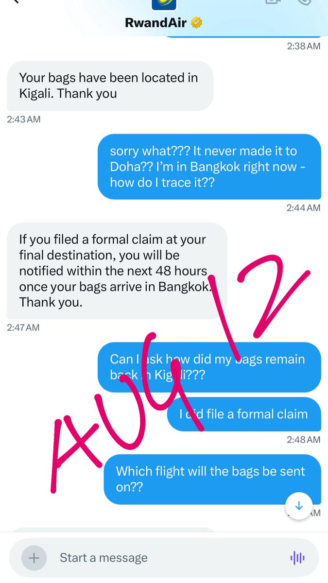 MariaShumusti's tweet image. I flew out Aug 11. Bags never loaded in Kigali (confirmed by @FlyRwandAir). 3 days, multiple flights out, still no shipment despite “priority” assurances from mgr @GKRukundo. Living without essentials, no action from @qatarairways. #PassengerRights - how do people deal with this?
