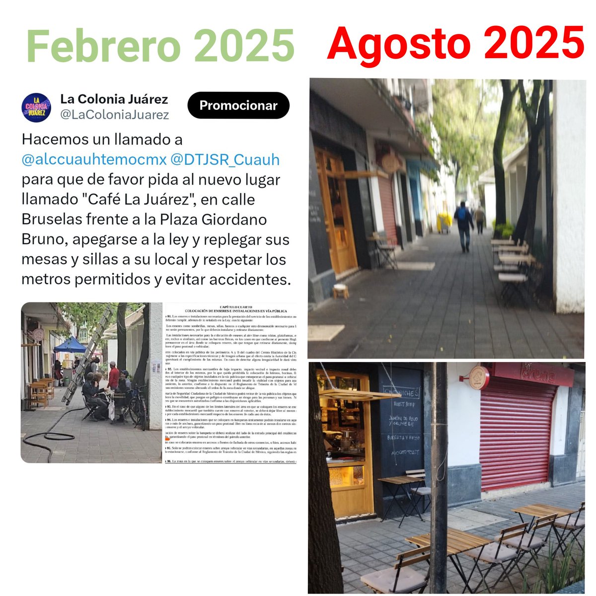 Desde principios de año hemos solicitado apoyo de la autoridad para hacer entender a la pareja de extranjeros que vinieron a instalar su café a #ColoniaJuarez que en México la Ley de Establecimientos Mercantiles prohíbe colocar enseres en vía pública, pero insisten en VIOLARLA.