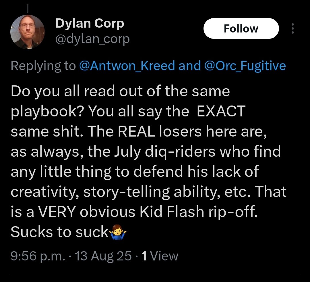 Brockus_Fury's tweet photo. Earlier, this clown made a comment about how some characters were inspired by other characters. Funny how that logic goes out the window when it's a Rippaverse character, huh? https://t.co/ThOUvWPQfH