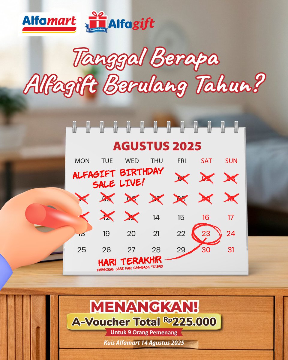 Sahabat, countdown ke Harinya Alfagift udah dimulai nih! 🎂 Tau nggak sih, ulang tahunnya Alfagift udah deket banget?

Yang rajin mantengin feed pasti udah hafal jawabannya.
⁣⁣
Yuk, comment jawabanmu sekarang di Instagram Alfamart #KuisAlfamart