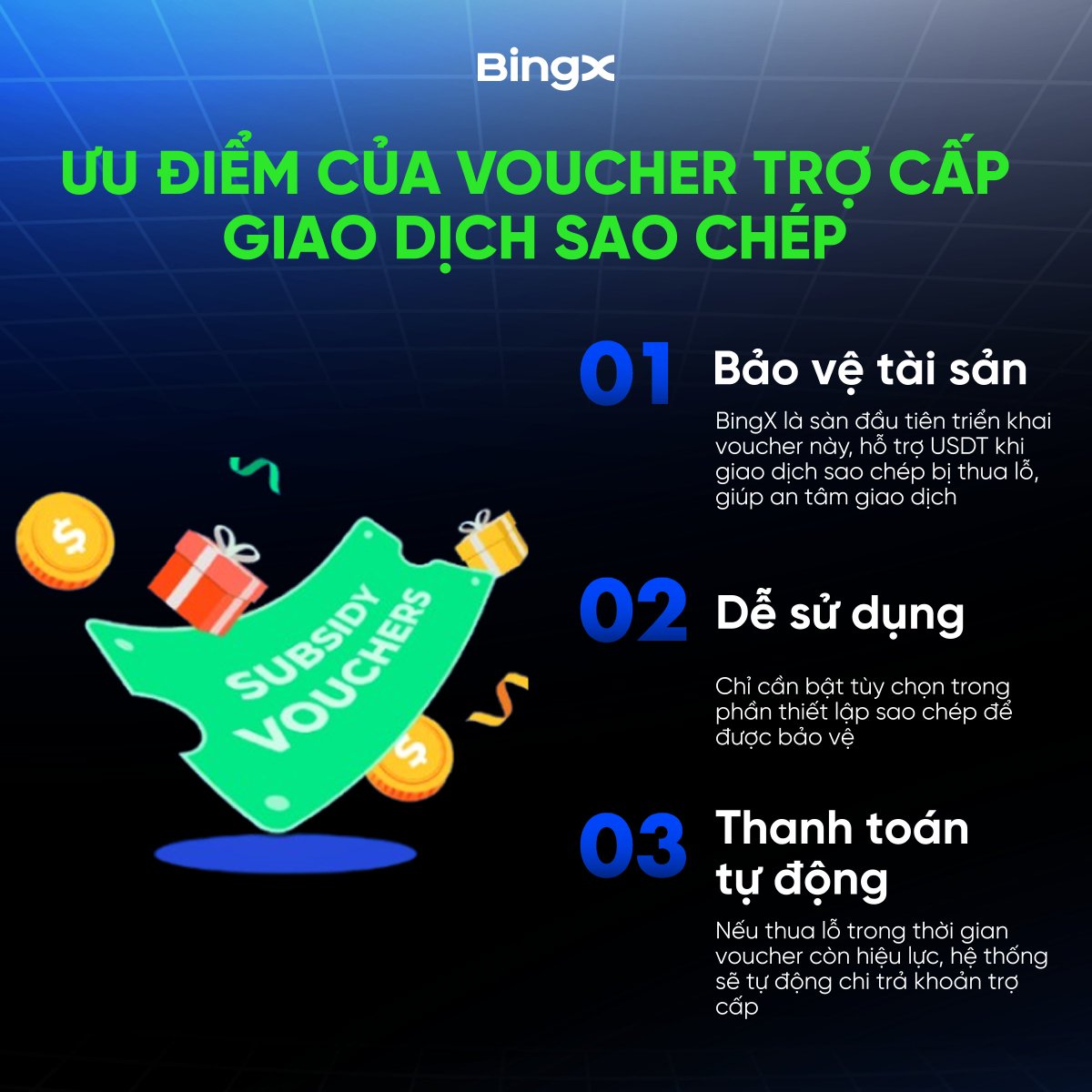 BingXVietnam's tweet photo. 🎯 ƯU ĐIỂM VOUCHER TRỢ CẤP GIAO DỊCH SAO CHÉP

Voucher hỗ trợ bù lỗ cho giao dịch sao chép dựa trên tổng Lãi/Lỗ theo giao dịch viên.

🔹 Bảo vệ tài sản – BingX tiên phong ra mắt voucher này, hỗ trợ $USDT khi giao dịch sao chép thua lỗ, giúp bạn an tâm hơn.
🔹 Kích hoạt dễ dàng – Chỉ cần bật tùy chọn trong phần thiết lập sao chép.
🔹 Tự động chi trả – Nếu lỗ trong thời gian voucher còn hiệu lực, hệ thống sẽ tự động thanh toán khoản trợ cấp.

Tìm hiểu thêm tại đây: https://t.co/cQw7GG6cGI

#BingX #BingXTiengViet
———
BingX - Nâng Tầm Nhà Giao Dịch
Ưu Đãi Người Mới $7,700: https://t.co/KbZKzvIHIV