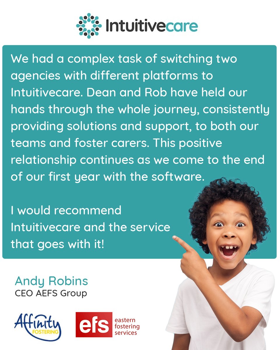 The positive testimonials keep coming! 🌟 Huge thanks to Andy Robins, CEO of Affinity Eastern Fostering Services for these kind words💖 #affinityfostering #easternfostering #intuitivecare #fosteringsoftware