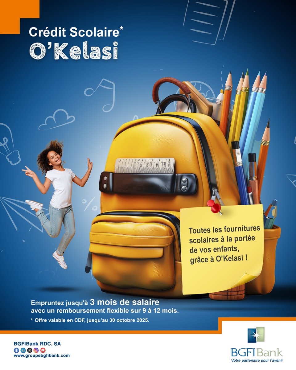 Fini les fournitures mises de côté faute de budget 📚
Avec O’Kelasi, financez 100 % de la rentrée de votre enfant, sans compromis.  
Contactez-nous au +243 826 180 087 ou rendez-vous dans nos points de vente pour plus d’informations. 

#BGFIBankRDC #OKelasi #RentréeScolaire