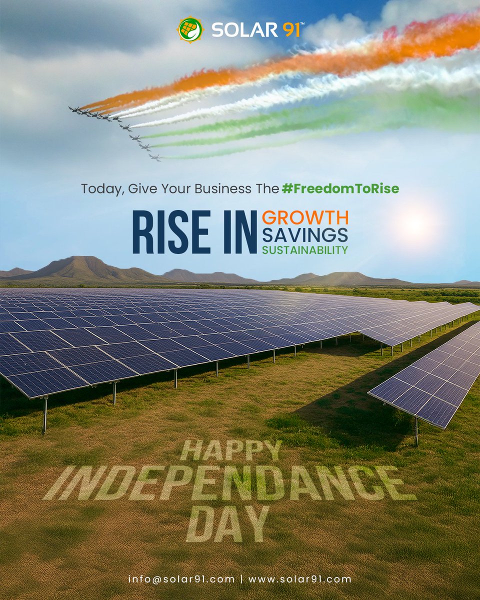 Solar91india's tweet image. This Independence Day, let your business rise beyond limits.
From cutting costs to embracing clean energy, it’s time to unlock freedom that fuels growth, with purpose.
.
.
#happyindependenceday #solar91 #solar91india #energyevolution #gosolar #sustainablebusiness #solarpower