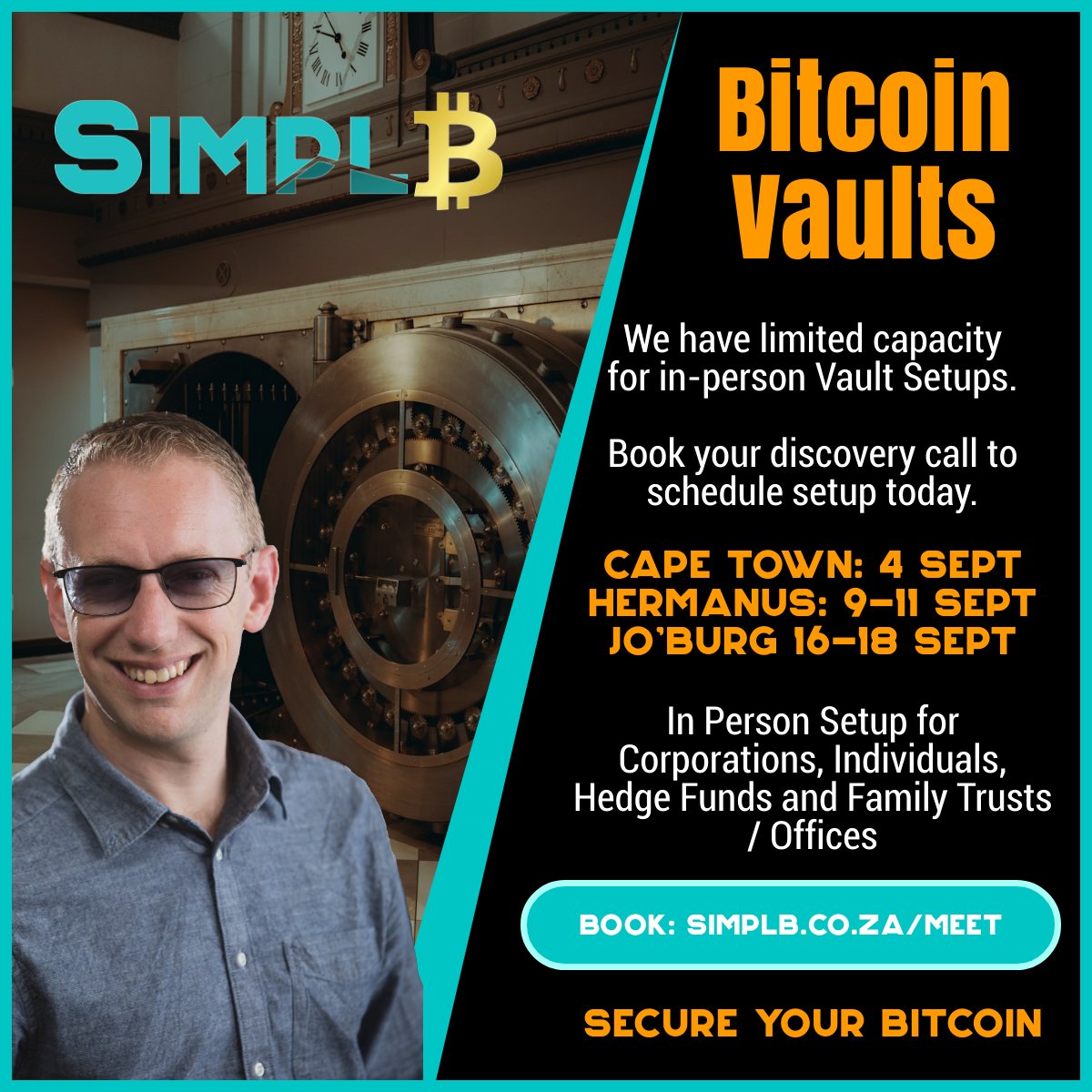 Is your #Bitcoin secured? I’ll be doing a limited number of in-person Vault setups in Cape Town, Hermanus and Joburg next month. If you're waiting for the right moment - this is it. Book your Bitcoin Discovery Call now at simplb.co.za/meet #StrategicReserve #SimpleBitcoin