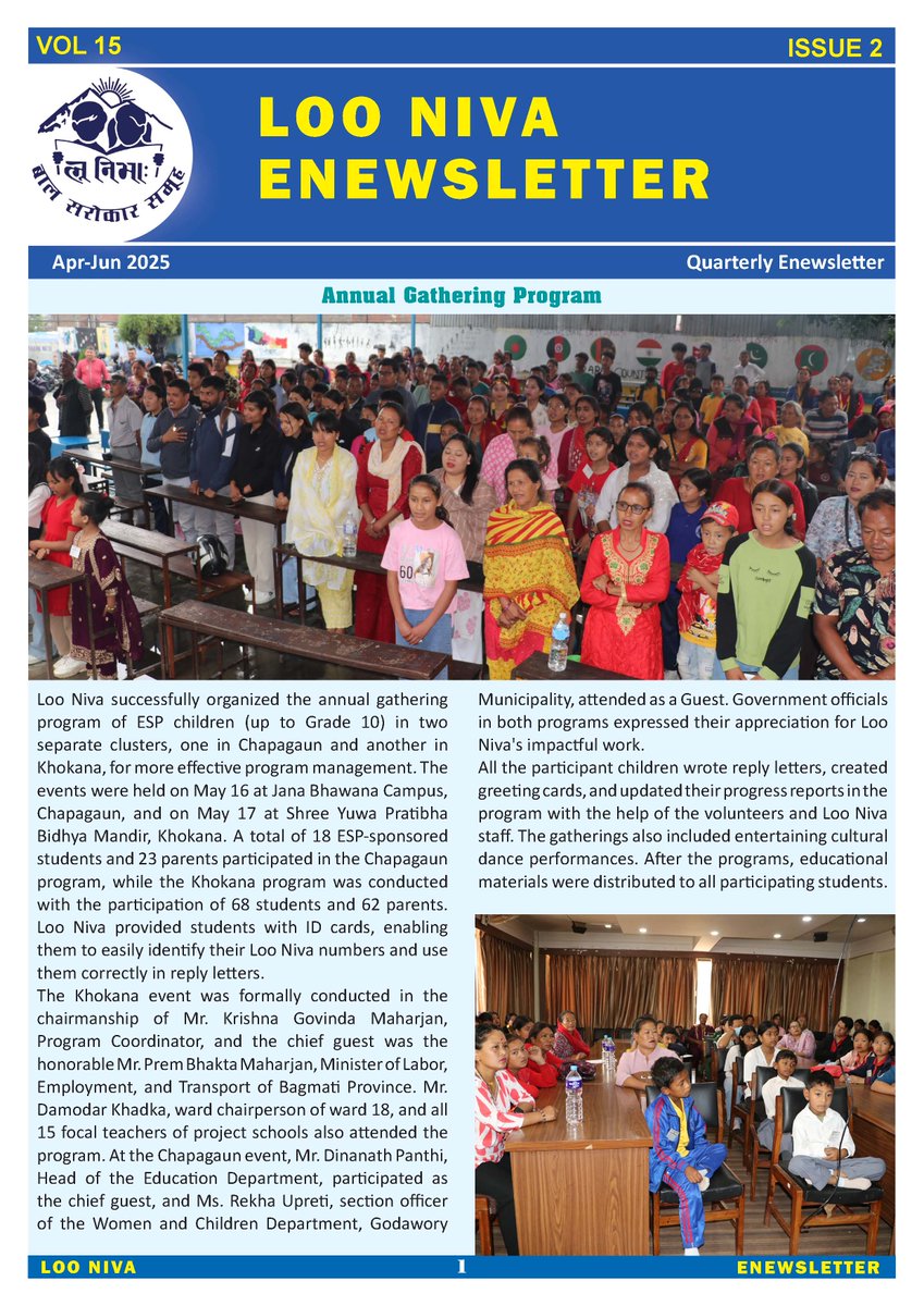 📷📷📷Loo Niva has published "ENEWS LETTER APR-JUN 2025."
For more details: Please Visit us on,
📷 loonivachild.org.np/publications 📷
📷 instagram.com/loonivachild/ 📷
📷 facebook.com/loonivachild📷
#looniva #childparticipant #Newsforall