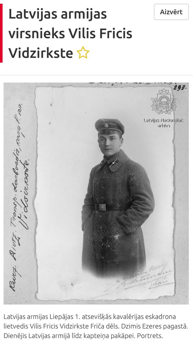 Lato_Lapsa's tweet photo. Re, kāda lieta.

Manā glabāšanā jau padaudzus gadus ir tāda unikāla manta kā kalpakieša Viļa Vidzirkstes Latvijas armijas parādes zobens un visa dzīve dokumentos - no pases un karaklausības dokumentiem līdz pat ģenerāļa Bangerska vēstulei un bēgļu laiku dokumentiem.

Kapteinis Vidzirkste nomira ASV, mantinieku laikam nebija, mantas nonāca izsolē un tālāk brīnumainā veidā - pie manis. Tā dieviņam bija ienācis prātā.

Bet nu laikam pienācis brīdis šim unikālajam komplektam nonākt labākās rokās. 

Strēlnieku grāmatas tapšanā gadījušies negaidīti izdevumi - kāds cilvēks pašlaik izpārdod savu kolekciju, un tur ir tik daudz strēlnieku grāmatai absolūti nepieciešamu materiālu, ka to iegādei vajadzīgi iespaidīgi līdzekļi. 

Man tādu nav, un tā jau tas pasaulē iekārtots - jāizdara izvēle, kas svarīgāks un vajadzīgāks. Tā tad arī ir mana izvēle - kapteiņa Vidzirkstes zobens un dokumentu komplekts ir iegādājams par 10 000 eiro, protams, ja kāds vēlas, var samaksāt arī vairāk - tāpat visa nauda aizies strēlnieku grāmatai. Man ļoti negribas izlikt to kādā izsolē, lai šī unikālā manta tiktu nezin kam, tāpēc arī vispirms izmēģinu šādu te - tiešā piedāvājuma metodi.

Lūgums RT, ja nav grūti. Tas varētu palīdzēt ne tikai strēlnieku grāmatai, bet arī kapteiņa Vidzirkstes zobenam - nonākt īstajā vietā un īstajās rokās.