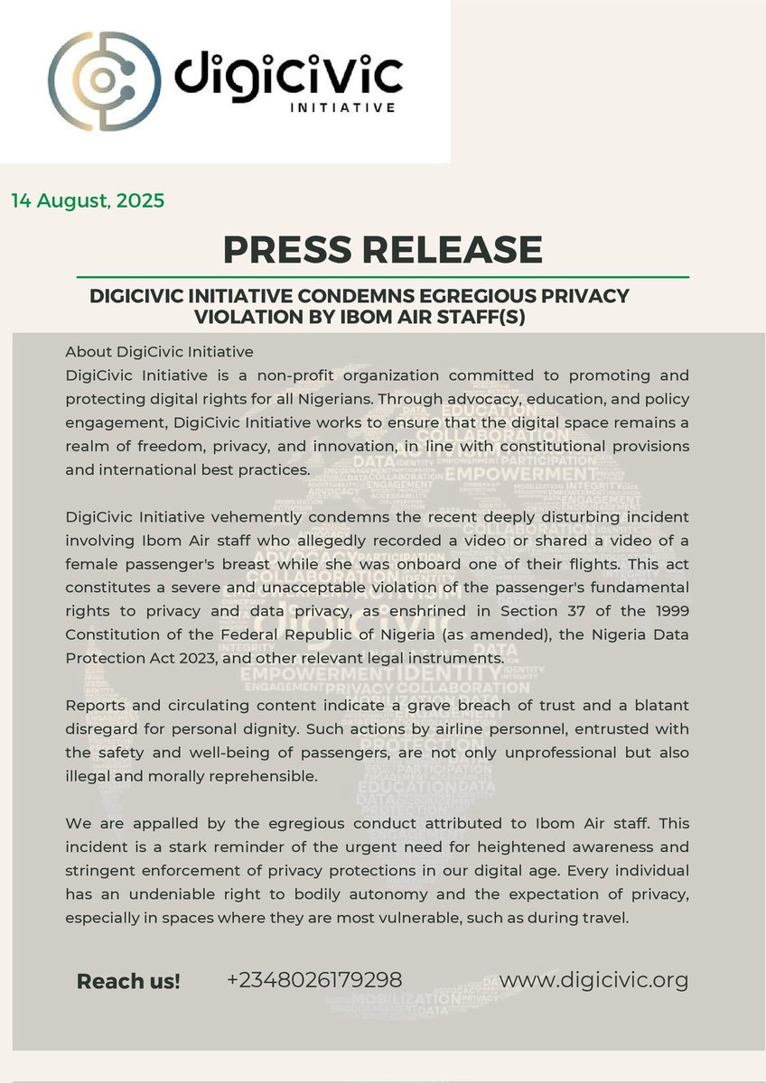 *DigiCivic Initiative Condemns Egregious Privacy Violation by Ibom Air Staff(s)* 

DigiCivic Initiative vehemently condemns the recent deeply disturbing incident involving Ibom Air staff who allegedly recorded a video...
#dataprivacy #DigitalRights #DataProtection