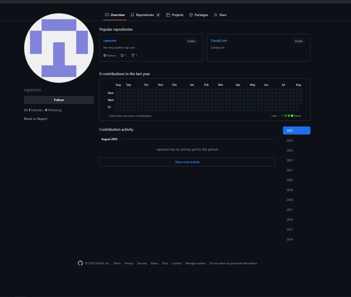 Drr_dingo's tweet photo. Check this GitHub page out.

It's 11 years old and talks about a coin concept called rape coin.

it has copy right notices and everything.

RapeCoin is an irresistible version of a clone coin of a clone coin of a clone coin of a clone coin of Bitcoin. It uses scrypt

Block time and reward: 288 seconds / 2 coins * block
Algorithm: Scrypt Adaptive N / Dark Gravity Wave
ASIC & Multipool Resistant
Total coins: 288000
Innovation: very
Pre-mine: 2.0034%
P2P port: 28824
RPC port: 28803

All the proof is bellow, the plan the account and when it was last updated.

https://t.co/FDbCfKQ817