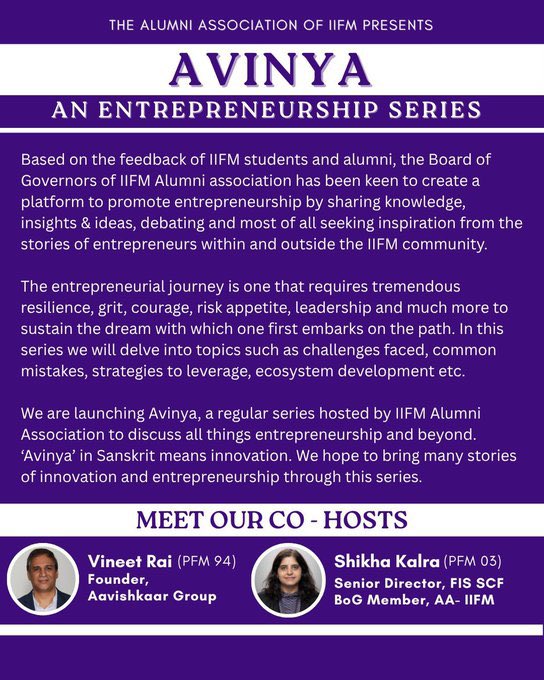 Aavishkaar Group (@aavishkaargrp) on Twitter photo Introducing AVINYA - Alumni Association of <a href="/IIfmBhopal/">Indian Institute of Forest Management</a> new series on #Entrepreneurship & #Innovation
<a href="/Raivineet/">Vineet Rai</a> Founder <a href="/AavishkaarGrp/">Aavishkaar Group</a> & alumni of IIFM will be a Co Host of Avinya- The Entrepreneurship Series
#AavishkaarGroupLeadership #IIFM Introducing AVINYA - Alumni Association of <a href="/IIfmBhopal/">Indian Institute of Forest Management</a> new series on #Entrepreneurship & #Innovation
<a href="/Raivineet/">Vineet Rai</a> Founder <a href="/AavishkaarGrp/">Aavishkaar Group</a> & alumni of IIFM will be a Co Host of Avinya- The Entrepreneurship Series
#AavishkaarGroupLeadership #IIFM