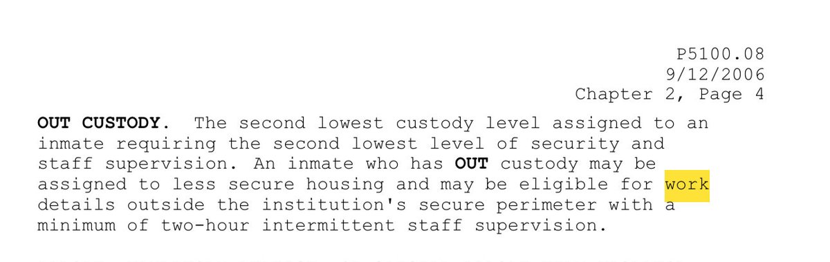 allisongill's tweet photo. @annepmitchell Hello. Here is the BOP regulation, which you can google, that explains what OUT custody means. Hope this helps clear things up. https://t.co/VITDFkgaOU