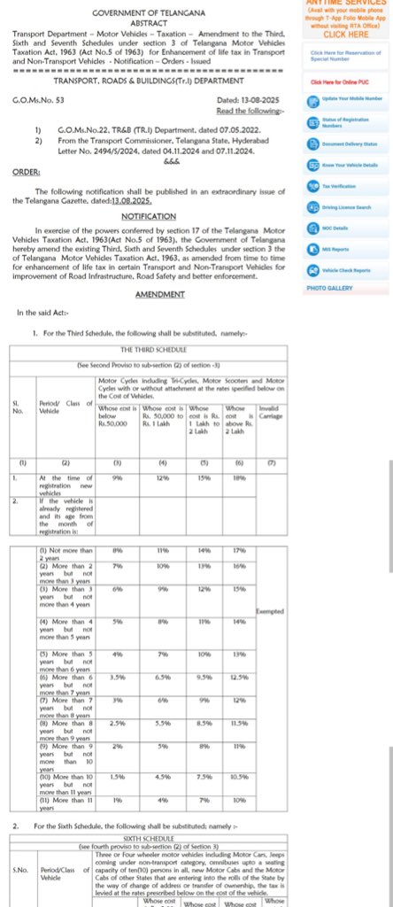 TeluguScribe's tweet image. కొత్త వాహనాలపై లైఫ్ ట్యాక్స్ పెంచిన తెలంగాణ ప్రభుత్వం 

నేటి నుండి అమలులోకి రానున్న కొత్త ట్యాక్స్ విధానం

అదనపు ఆదాయం కోసం కాంగ్రెస్ ప్రభుత్వం పాట్లు.. ప్రజలపై భారం నెట్టేసి చేతులు దులుపుకున్న రేవంత్ రెడ్డి

కొత్త వాహనాల కొనుగోలు సమయంలో చెల్లించే లైఫ్ ట్యాక్స్ మొత్తాన్ని…